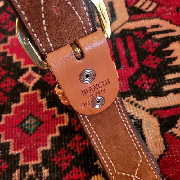 Bianchi Light Brown Leather Belt Solid Brass Buckle Sz. M - Picture 4 of 7